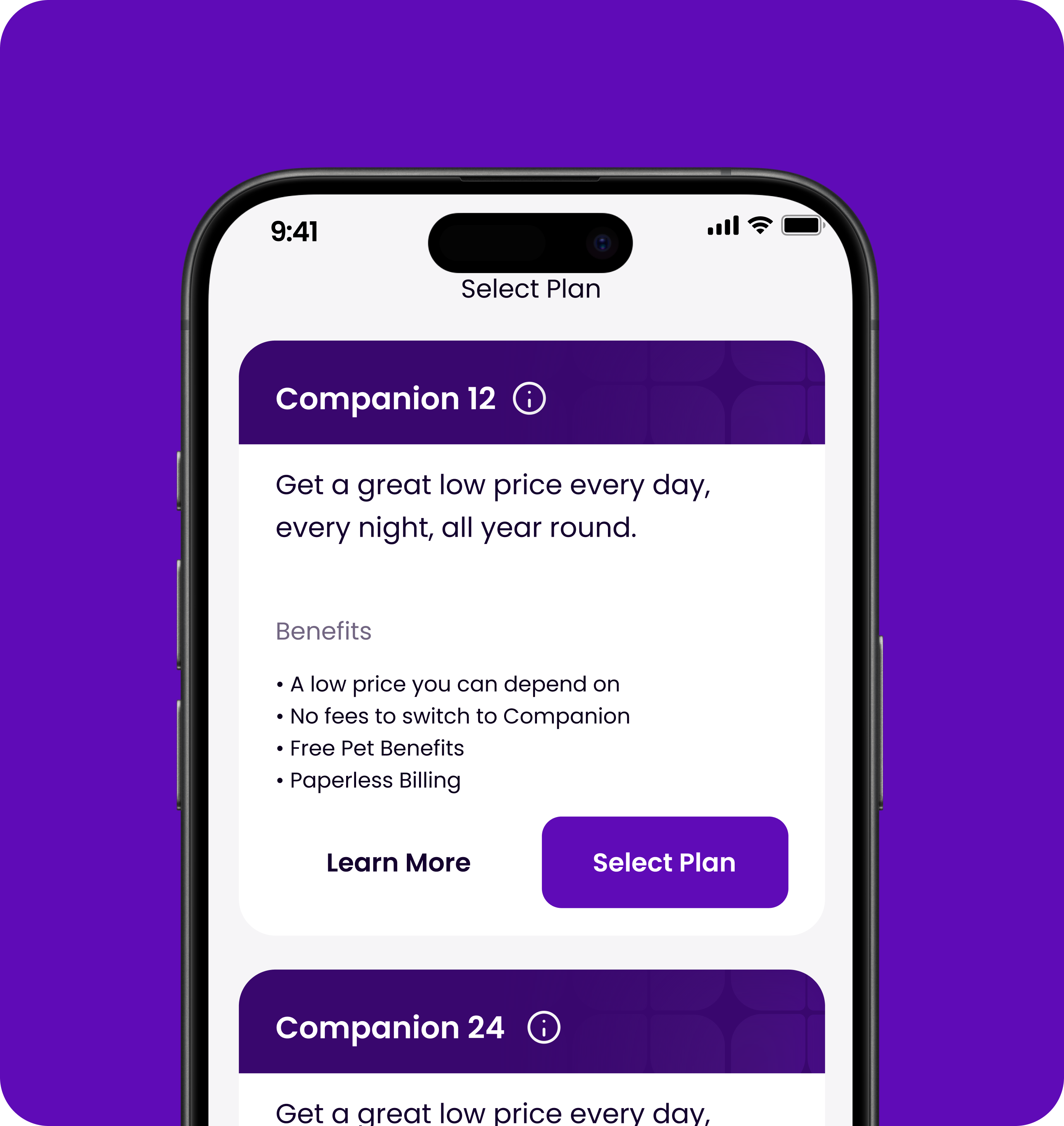 image of a phone screen with a preview of companion energy app displaying the benefits of signing up