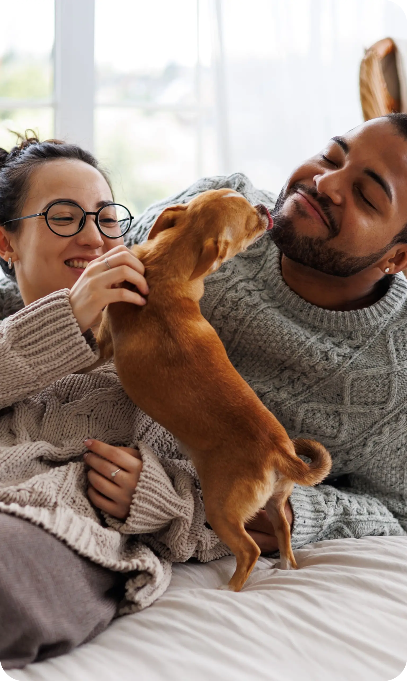 image of a couple in cozy sweaters playing with a dog